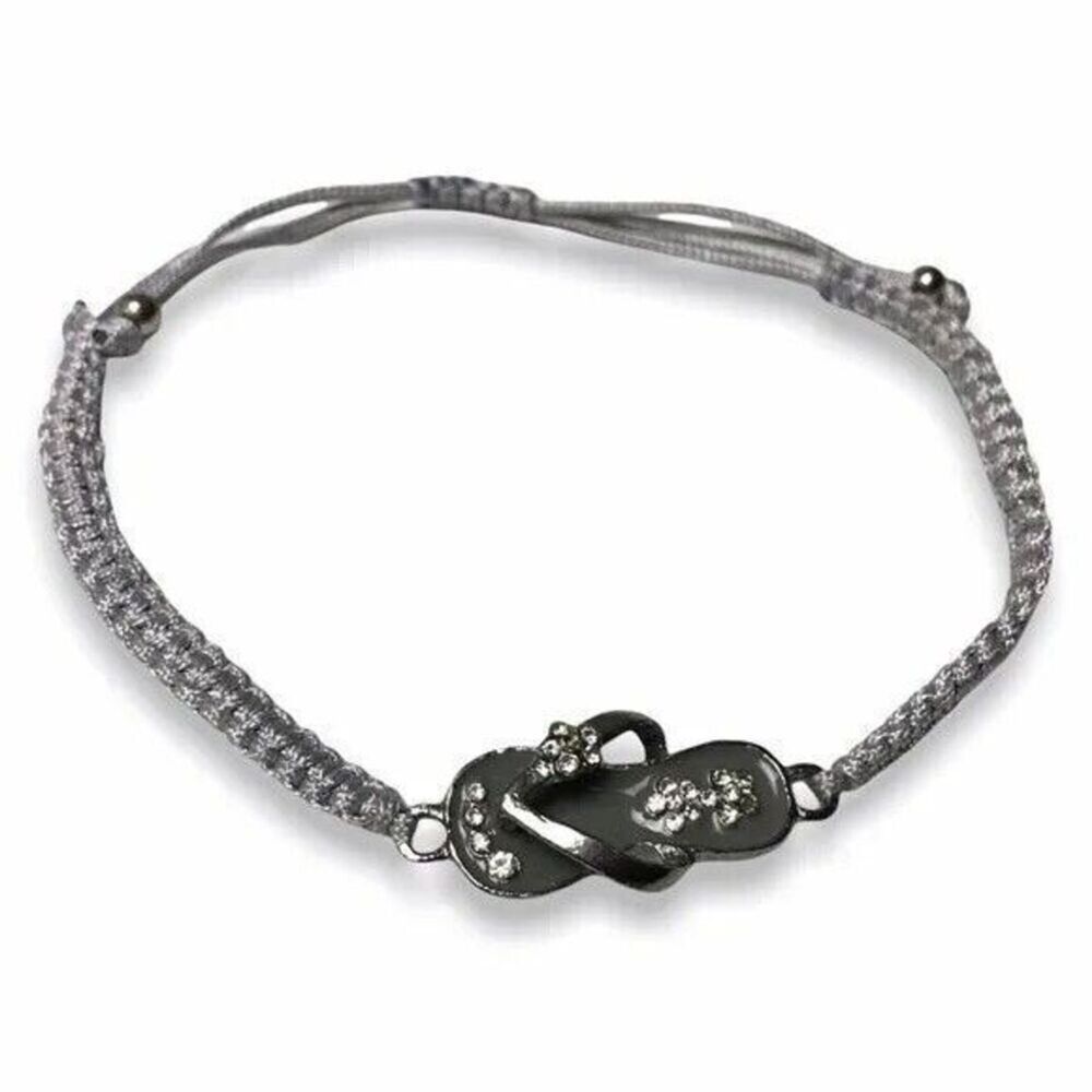 Rhinestone Sandal Bracelet Adjustable Cord Gray Flip Flop Charm Hawaii Souvenir